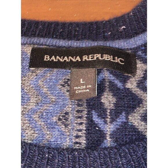 Banana Republic  Wool  Blend Sweater  Blue Fair Isle Nordic Men's L  Elbow Patch - Picture 4 of 10